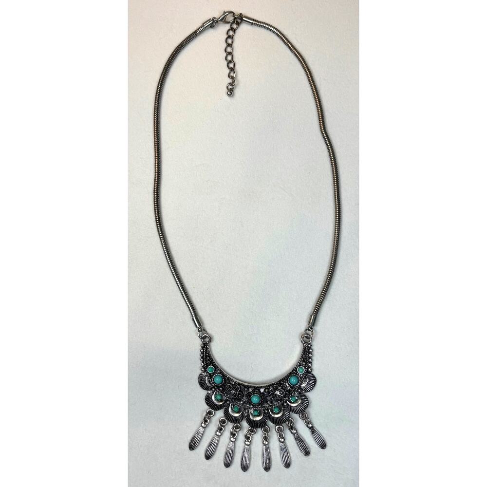 Silver Tone Necklace 18" Faux Turquoise Boho Western Fringe Bib Snake Chain